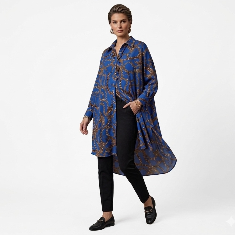 SOLD ❤️Ups & Downs Woman’s Blue & Gold Chain Patterned High Low Ruana Kimono - Picture 9 of 9